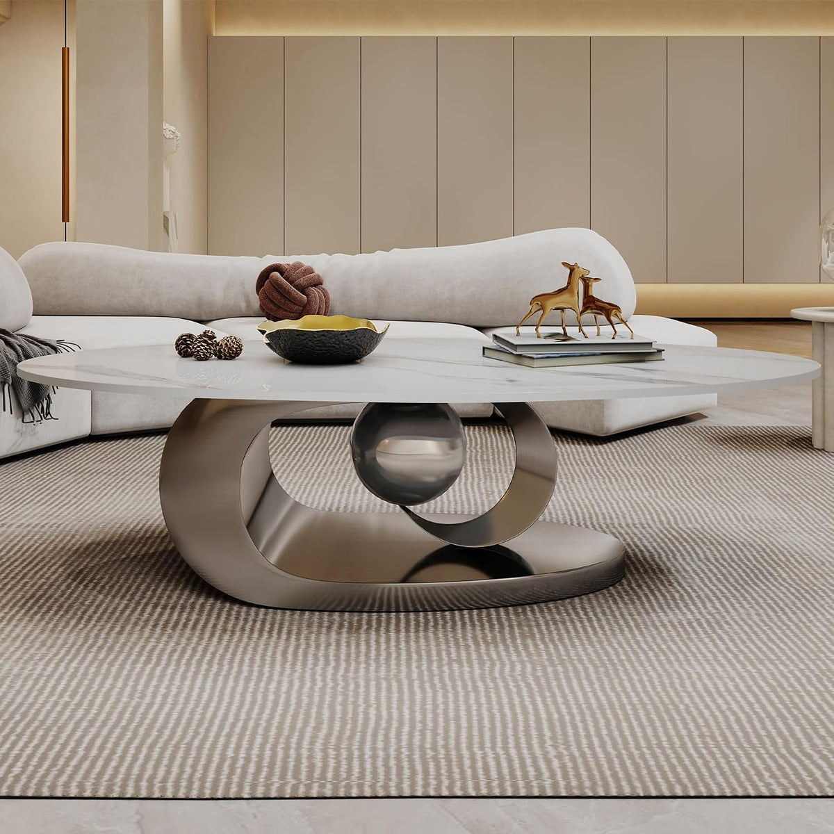 Oval Sintered Stone Coffee Table with Sculpted Base, Modern Style