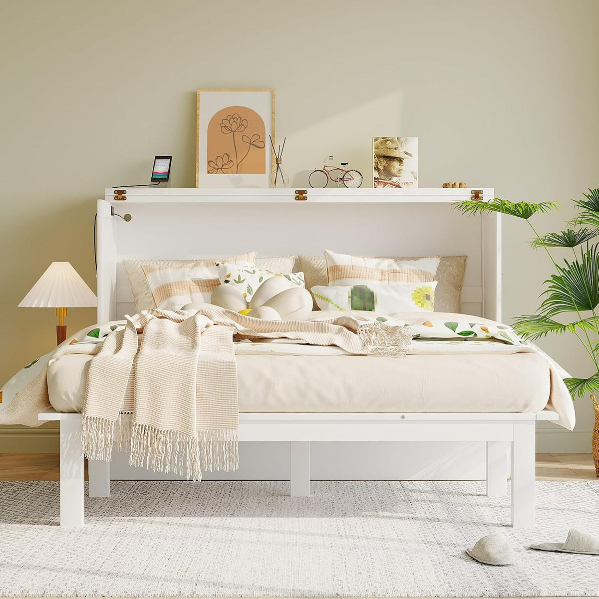Foldable Murphy Cabinet Bed with Removable Shelves on Each Side and Desk, Queen Wood Murphy Bed with USB Port for Bedroom, White