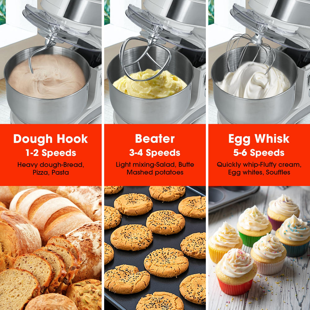 Stand Mixer, 5.8 QT Electric Food Mixer with 600W Pure Copper Motor, 6-Speed Tilt-Head Kitchen Mixer with Stainless