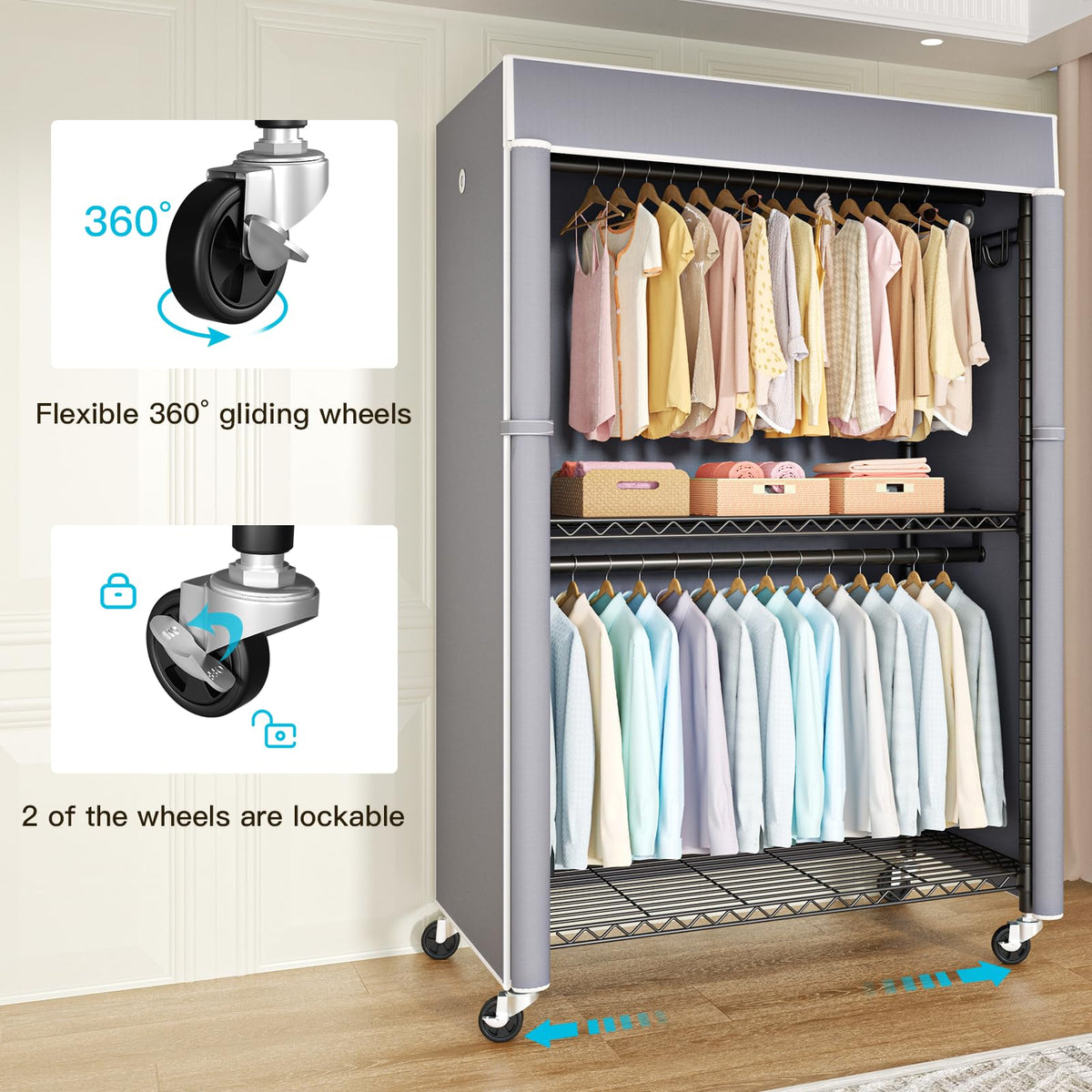 Black Clothing Rack with Grey Cover, P1C Plus Rolling Closets