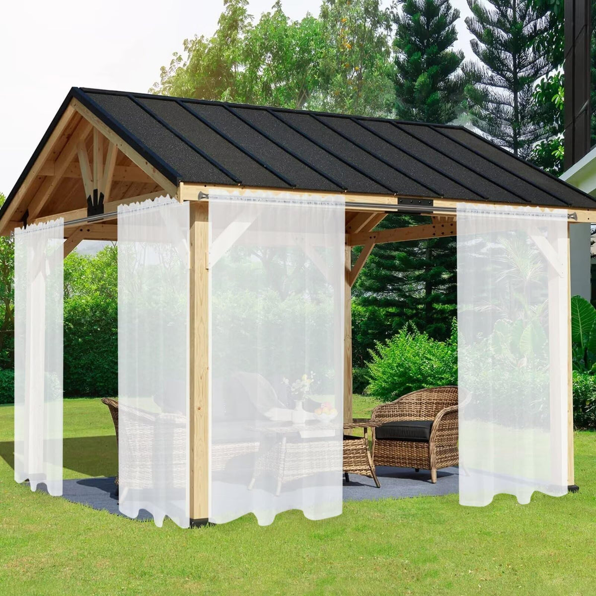 Outdoor Sheer Curtains, 4 Panels Waterproof Rod Pocket Indoor Curtain, Porch, Pergola, Cabana, Gazebo, 52 x 120