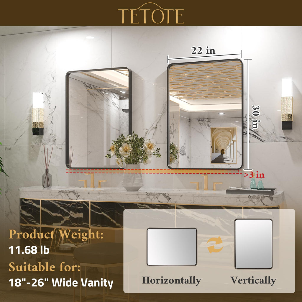Black Framed Mirrors, 2 Inch Thick Frame 22 x 30 Inch Brushed Metal Frame Wall Mounted Rectangle Mirror