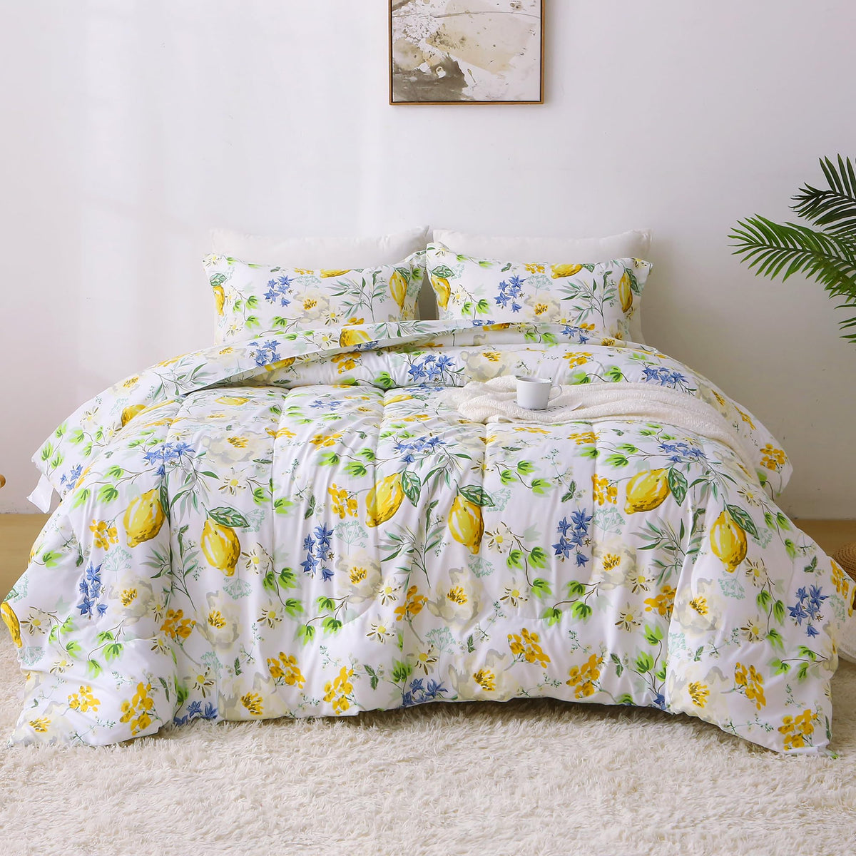 Floral Comforter Sets, Lemon Blossoms Patterned Bed in a Bag for All Seasons, 3-Piece Farmhouse Rustic