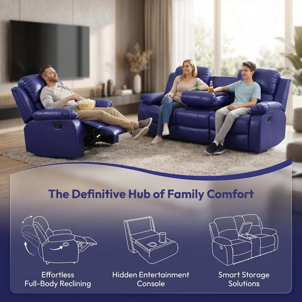 3 Pieces Living Room Furniture Sets with Cup Holder, Manual Leather Recliner Sofa Set with Storage, Bonded Leather