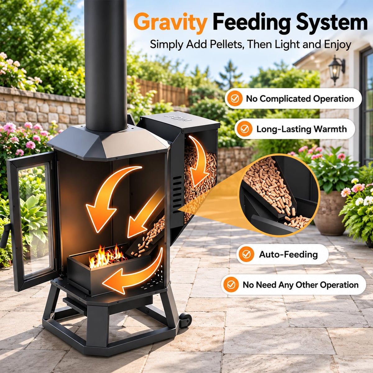 Wood Pellet Outdoor Patio Heater, 70, 000 BTU, with Glass Viewing Window