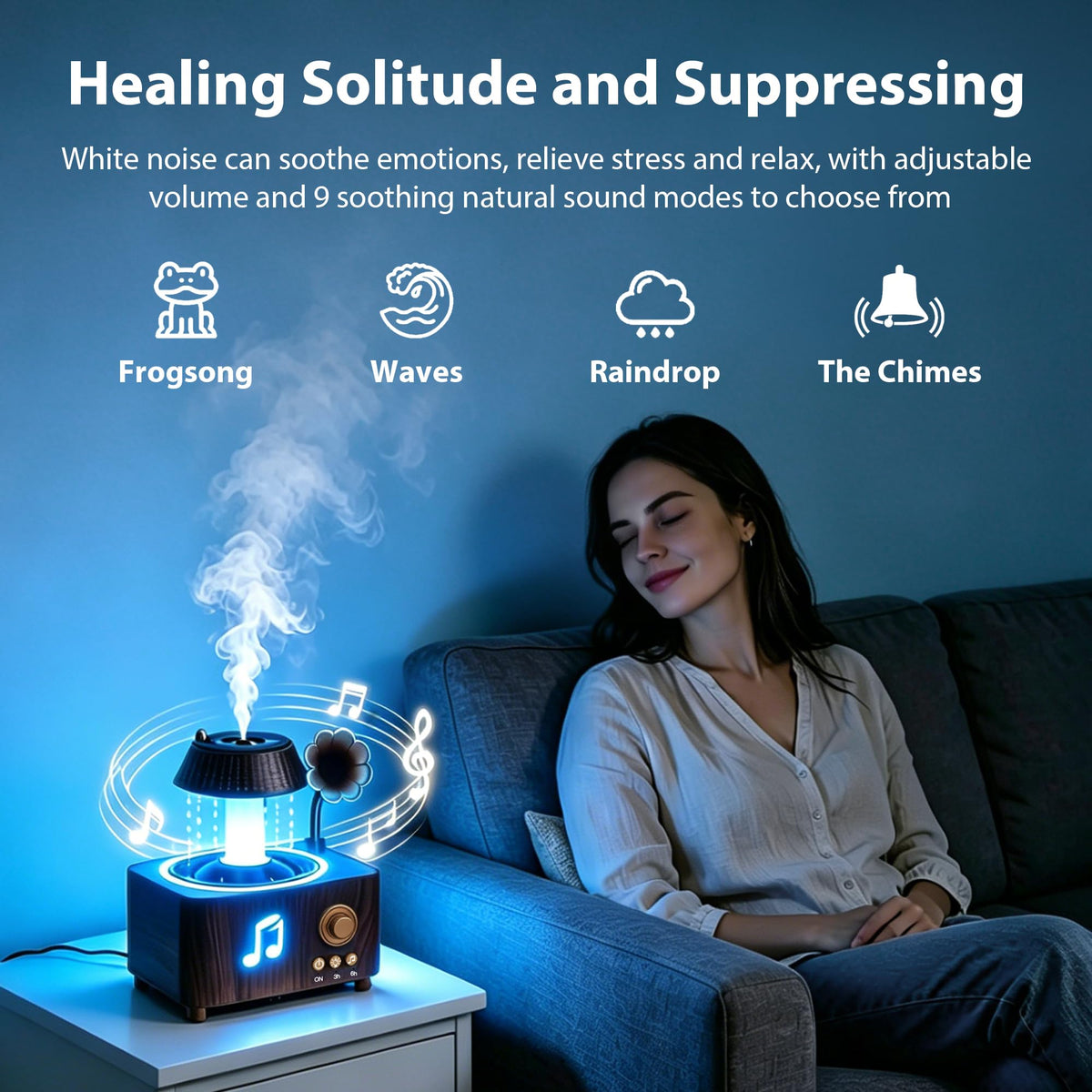 Essential Oil Diffuser with Rain Rotating, White Noise 7 Colors LED