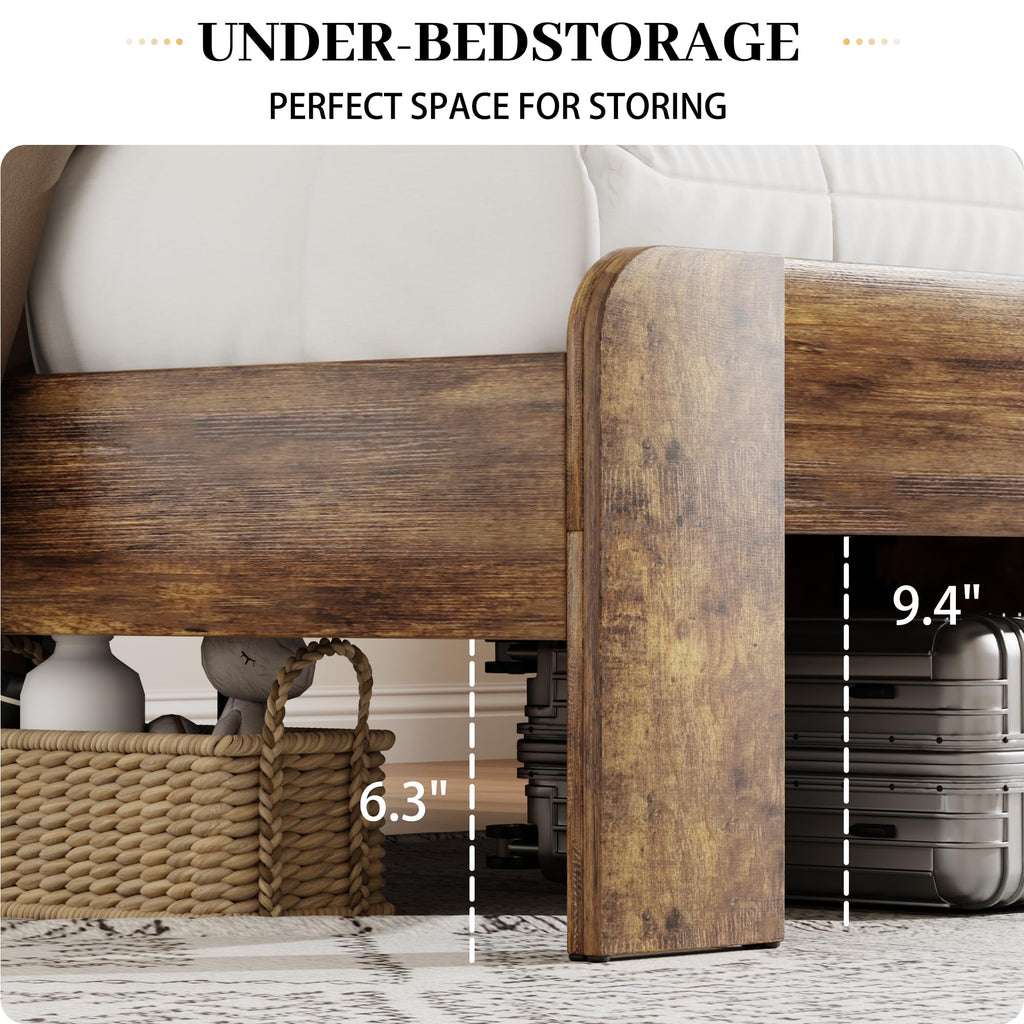 Queen Size Wooden Bed Frame with Headboard, Rustic Platform Bed Frame