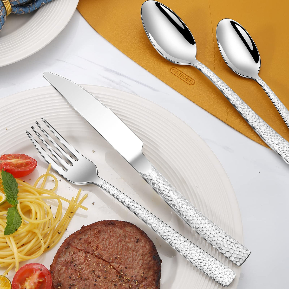 20-Piece Silverware Set, Stainless Steel Hammered Flatware Set for 4