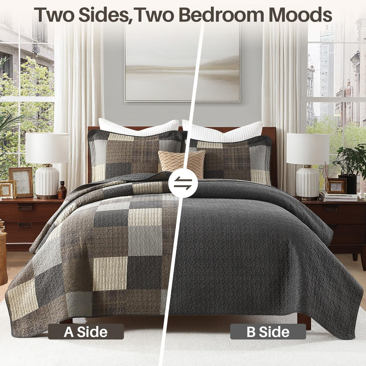 Quilts, Classic Plaid Design, Charcoal/Coffee Brown/Khaki