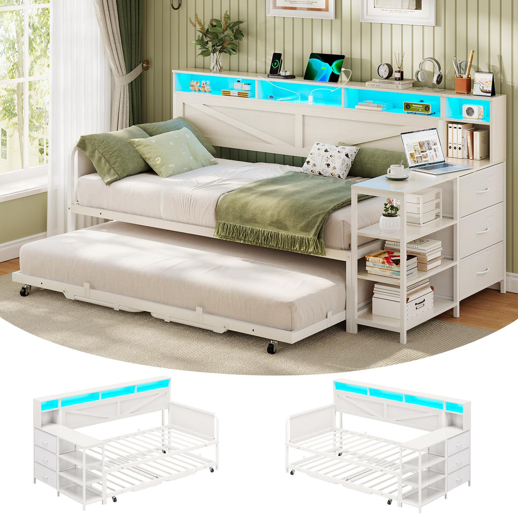 Daybed with Pop Up Trundle, Farmhouse Wooden Day Bed Frame with 3 Storage Drawers and Shelves, to