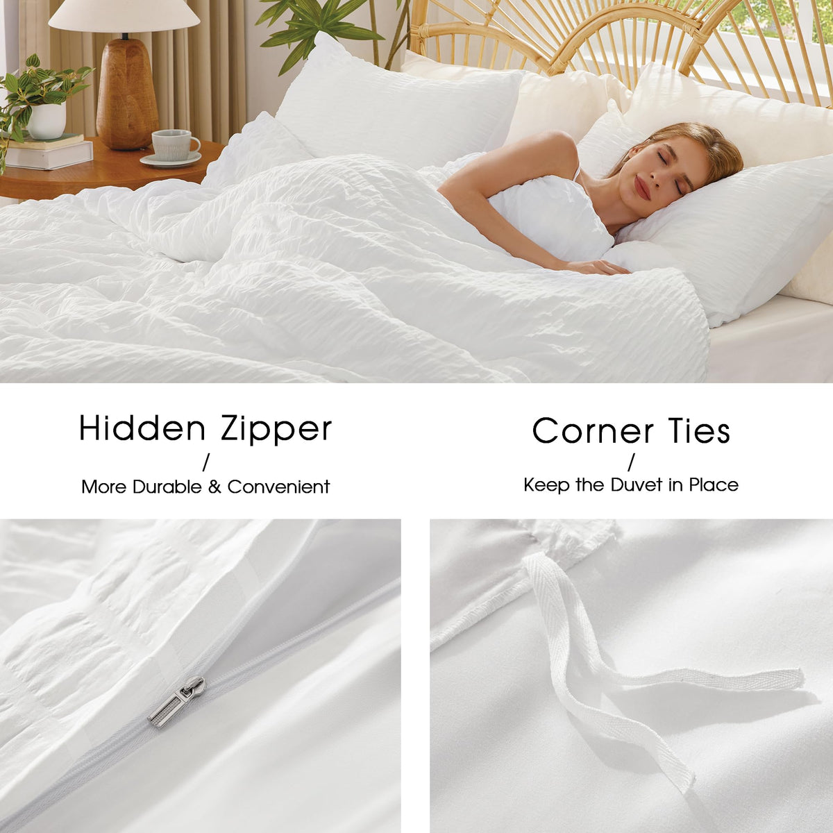 White Duvet Cover, 3-Piece Seersucker Duvet Cover Set, Ultra Soft Microfiber Bedding for All Seasons
