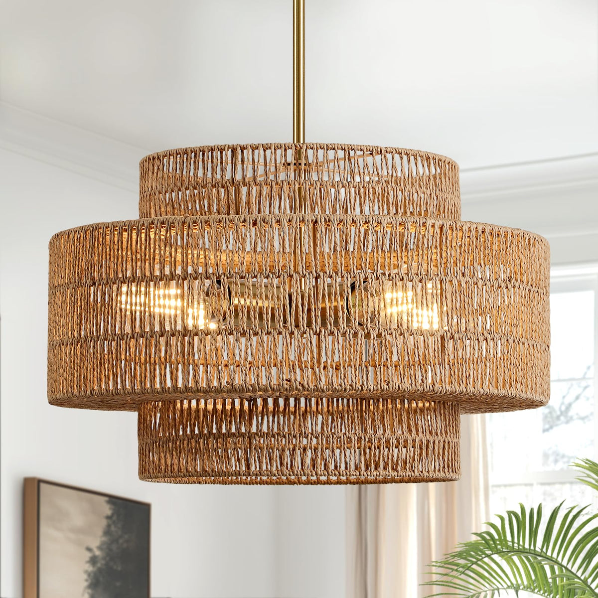 17.7" Rattan Chandelier, Large Boho Pendant Light