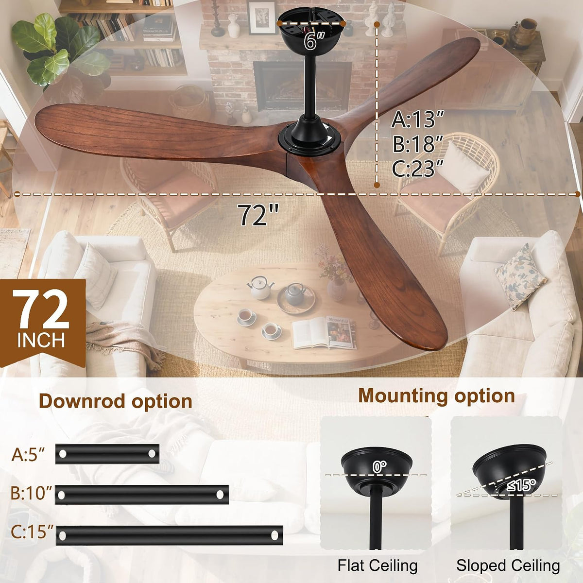 Inspired Maverick Style 72" Ceiling Fans Without Lights, 72 Inch Outdoor Ceiling Fans no Lights, 3 Blade Solid Wood Damp Rated Ceiling Fan with Remote Control for Living Room Gazebo/Patios Porch,Dark Walnut,Christmas Gifts