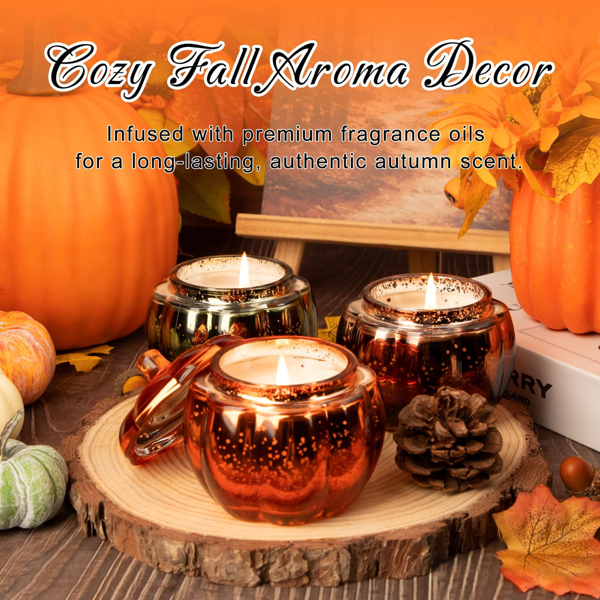Fall Scented Candles Gift Set 3 Pack, 16.5oz Pumpkin Glass Jar Candle, Thanksgiving Aromatherapy Soy Wax Candles for
