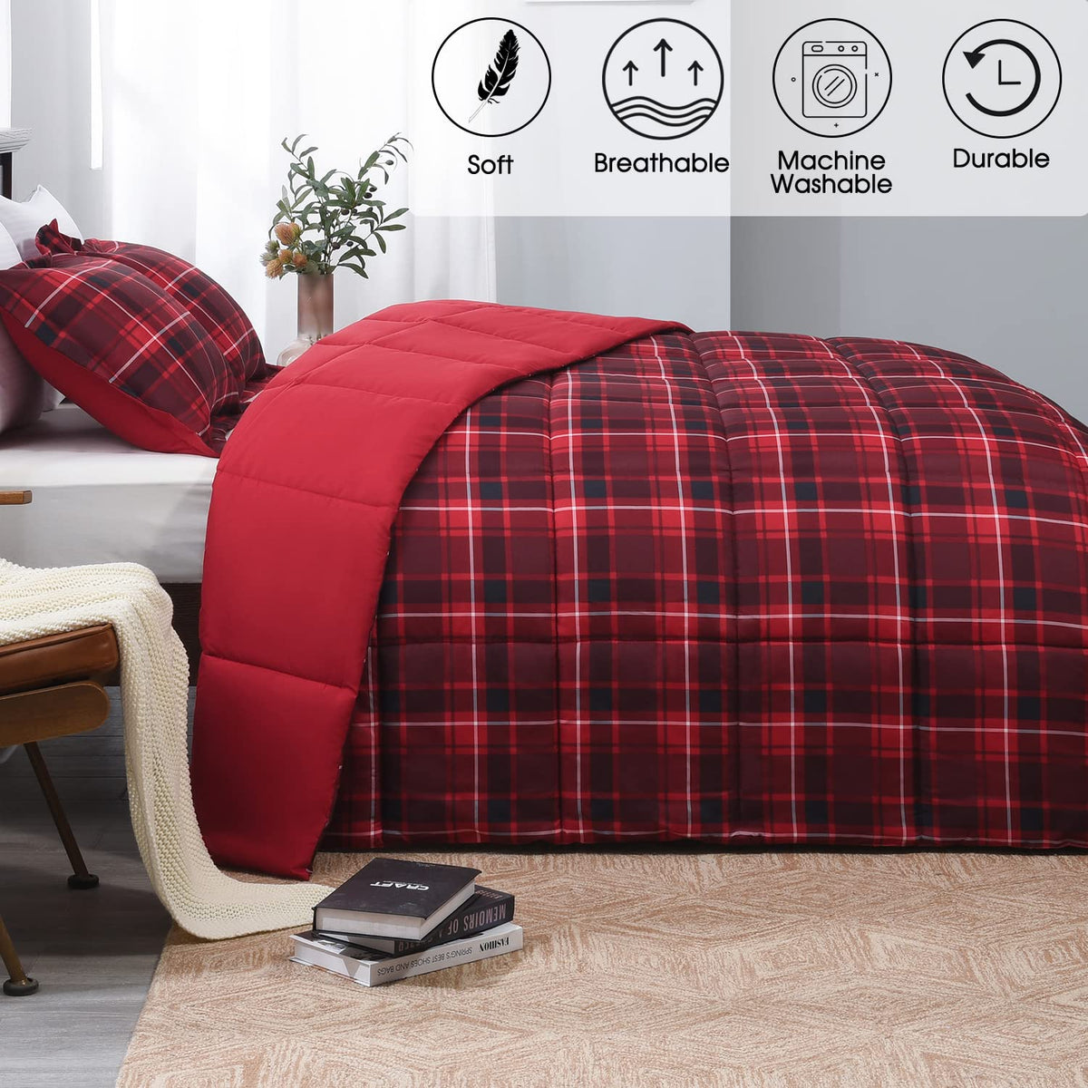 Comforter Set - Red and Black Buffalo Plaid Comforter Set Down Alternative Bed Comforter Set for