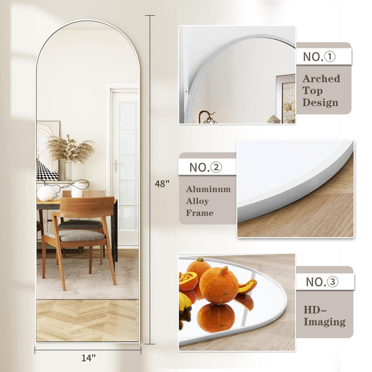 48"x 14" Arched Full Length Door Mirror, Full Body Mirror, White