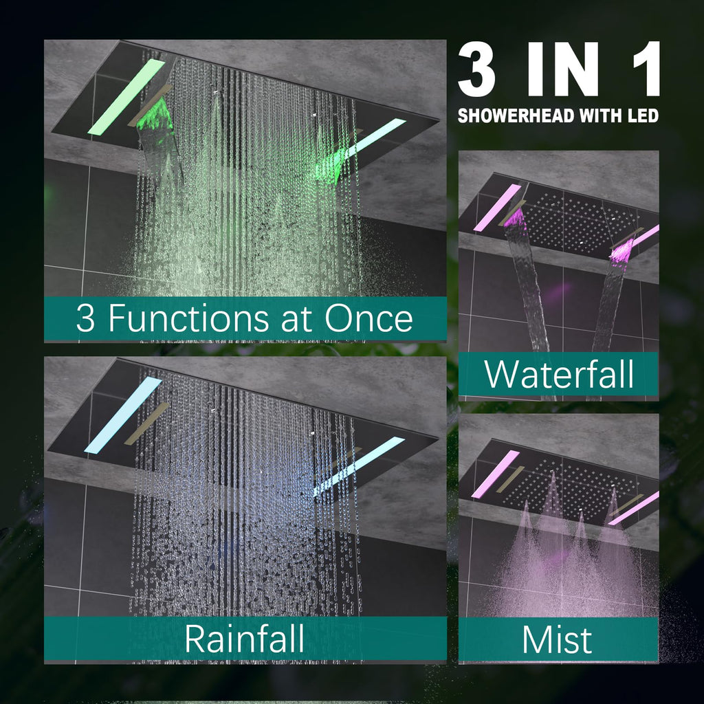 Luxury 14x20inch LED 3 Functions Rain Shower Head, High-Pressure Rainfall Spray Waterfall Shower Water Filter 3 In 1