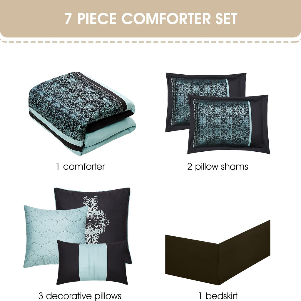 Damask 7 Piece Comforter Set, King, Aqua/Black