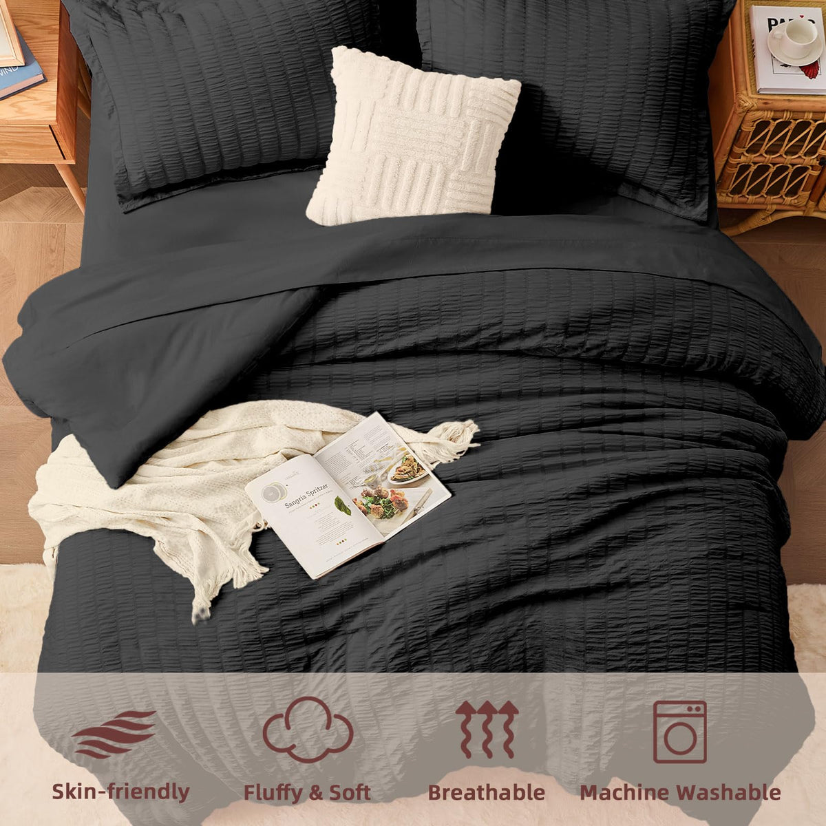Black Comforter Sets with Sheets, 7 Pcs Seersucker Bed Set