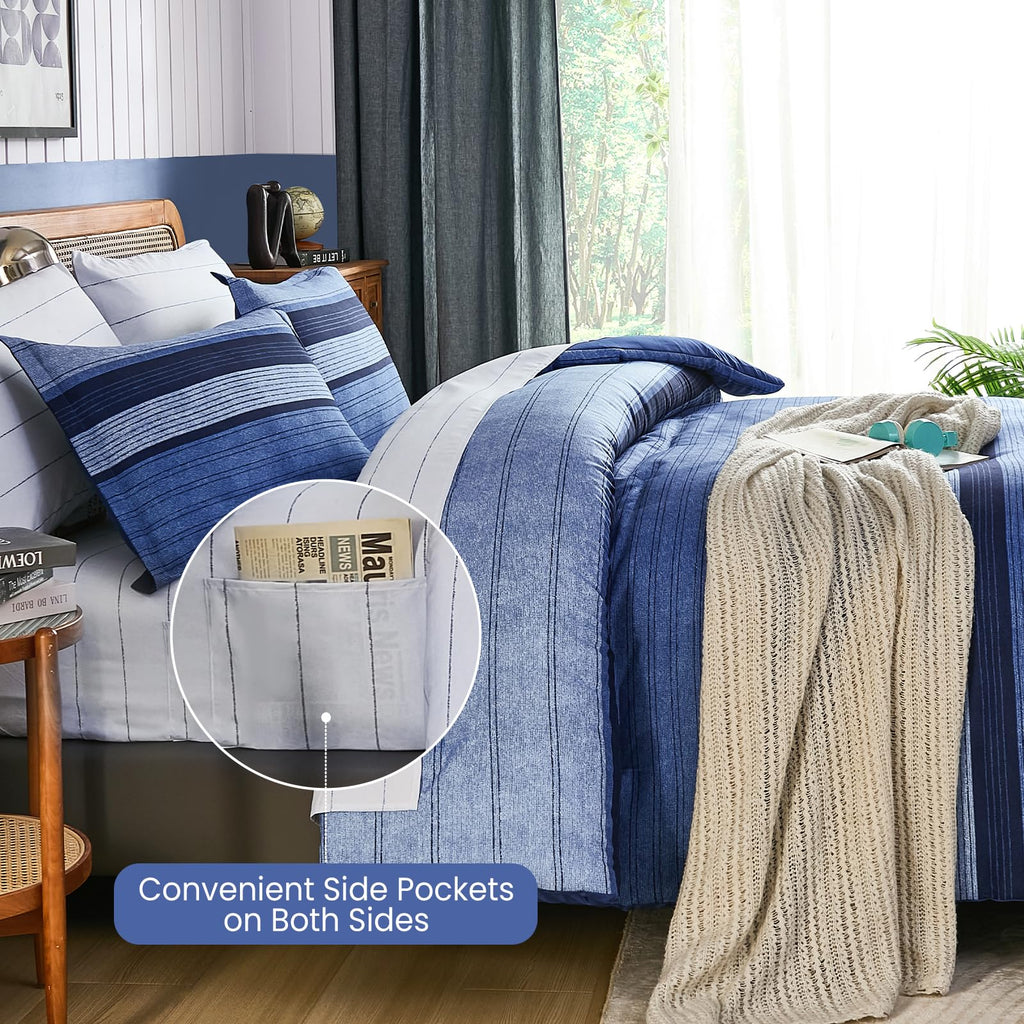 Navy Blue Comforter Set, 7 Pieces Striped Bed in a Bag