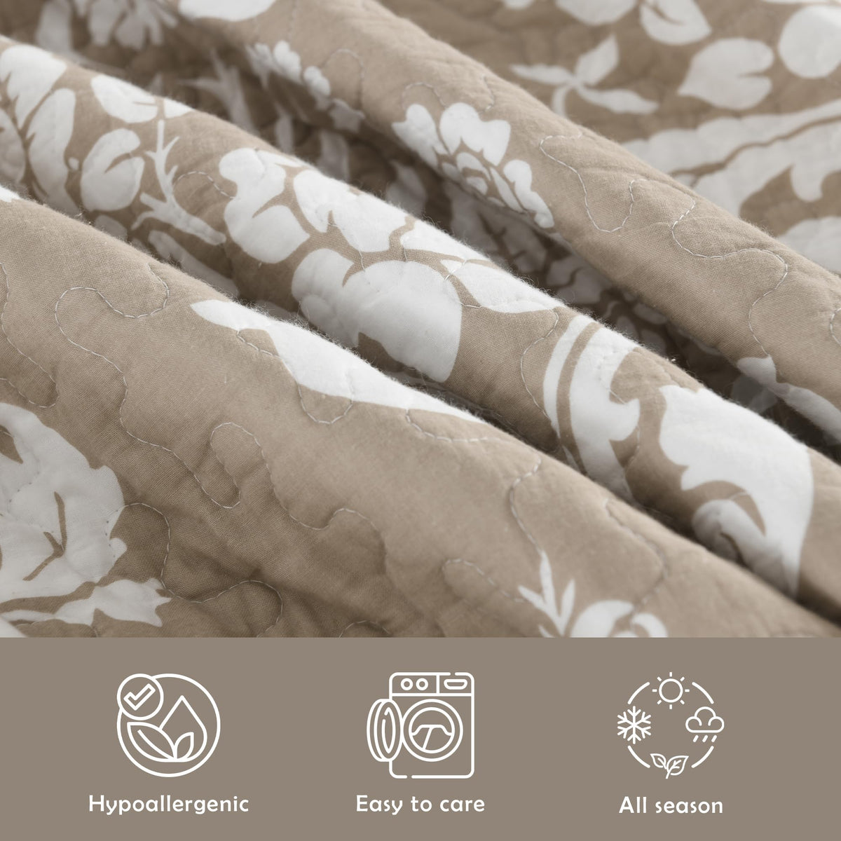 100% Cotton Farmhouse Reversible Quilt Set, Warm Taupe, 90"x98"