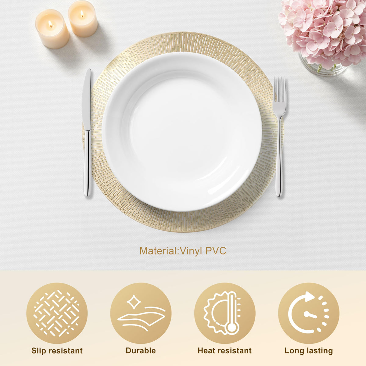 Gold Round Placemats Set of 8, 15 Inch Gold Metallic Hollow Vinyl Round Placemat, Washable Wipe Clean Kitchen Dining
