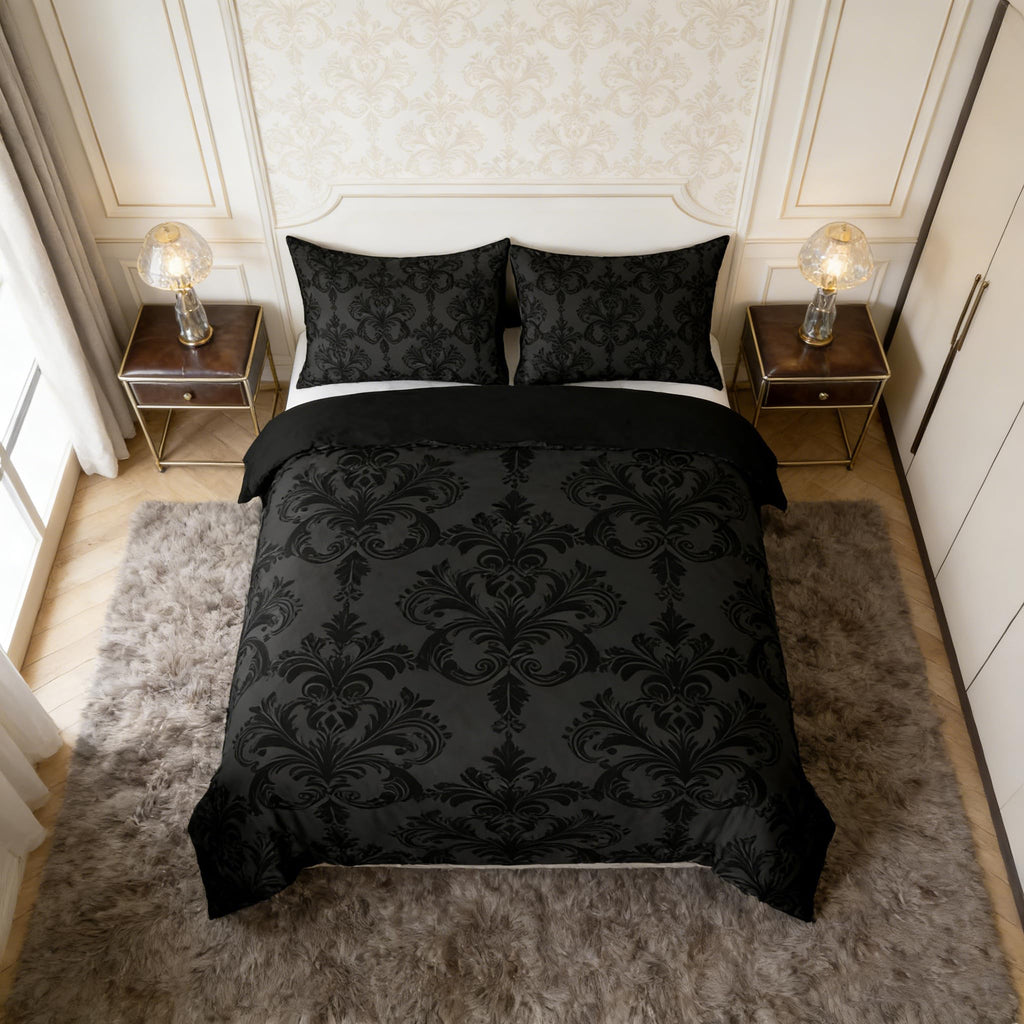 Grey Black Damask Duvet Cover Set, Gothic Vintage Damask Floral Bedding Set 3pcs, Antique Victorian