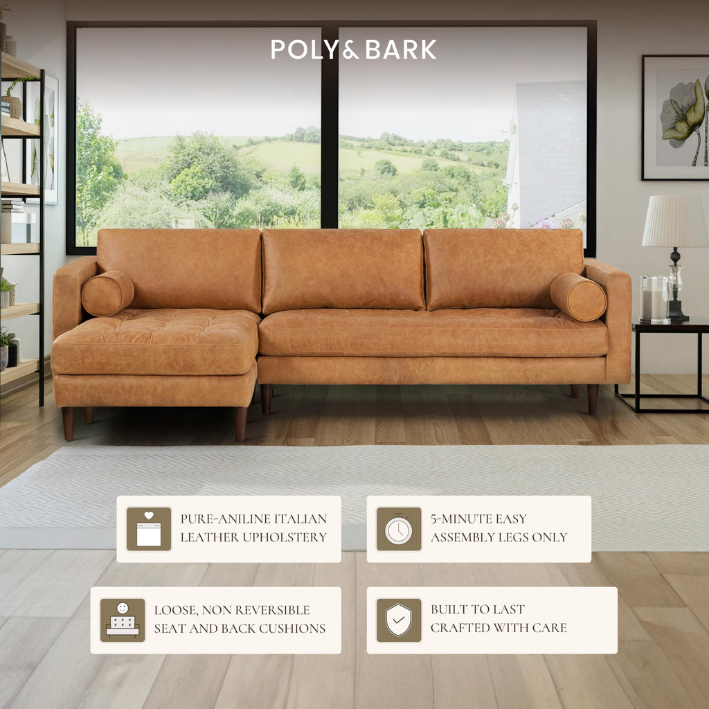 Napa 104.5" Left-Facing Sectional Sofa - Cognac Tan Full-Grain Pure-Aniline Italian Leather, Feather-Down Cushions