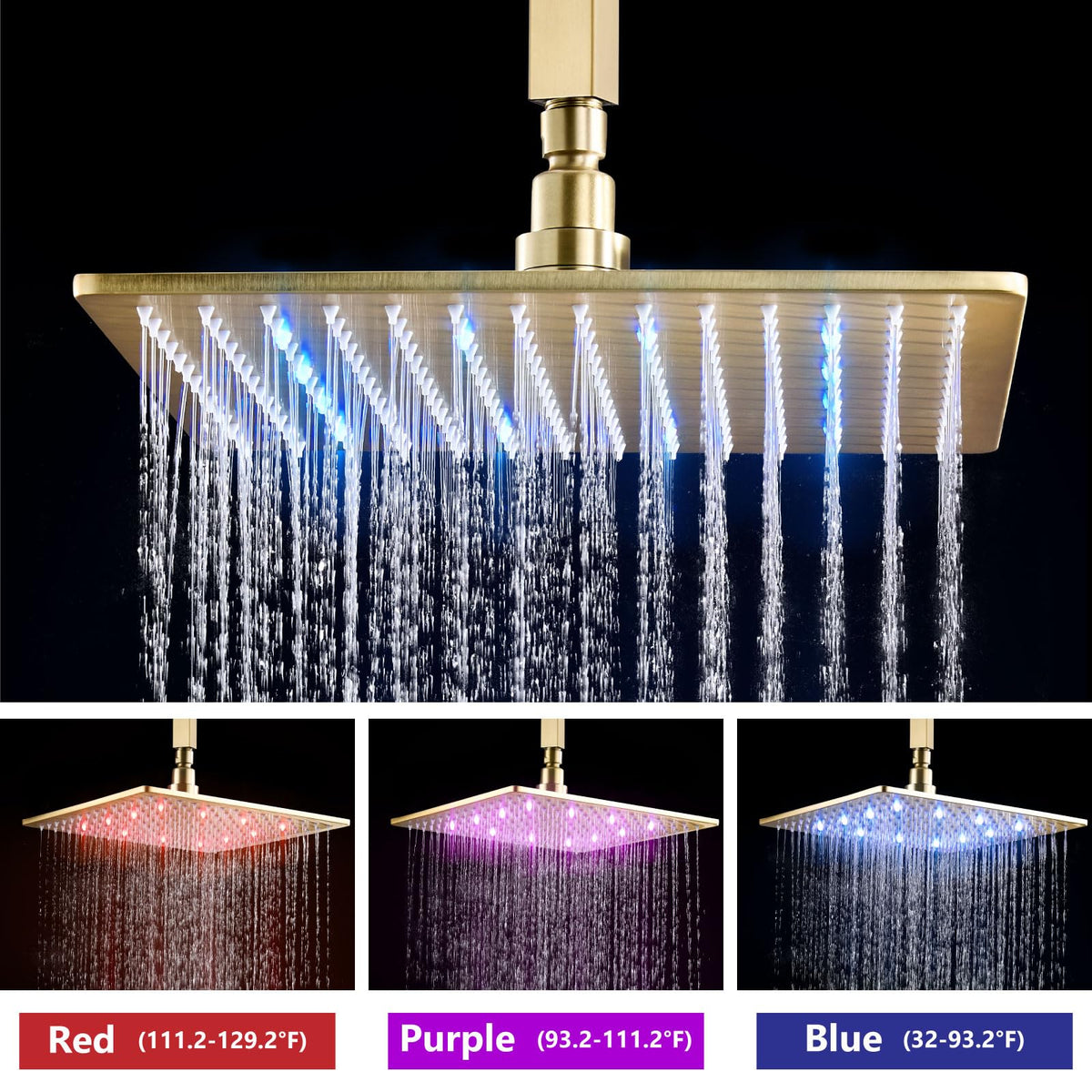 Ceiling Shower Faucet Set with Handheld 12" LED Head Brushed Gold
