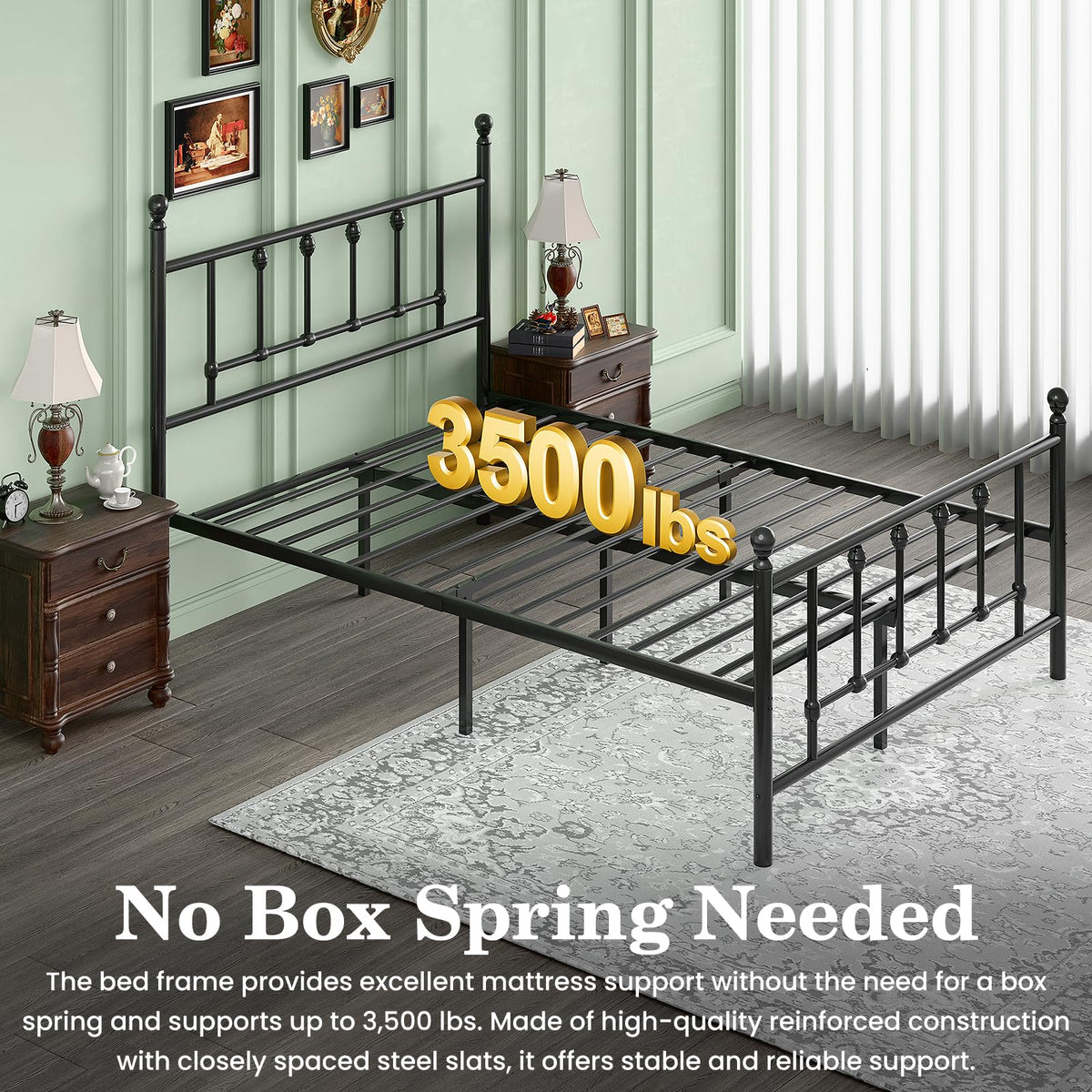 14 Inch Victorian Vintage Metal Platform Bed Frame with Headboard and Footboard, Underbed Storage, No Box