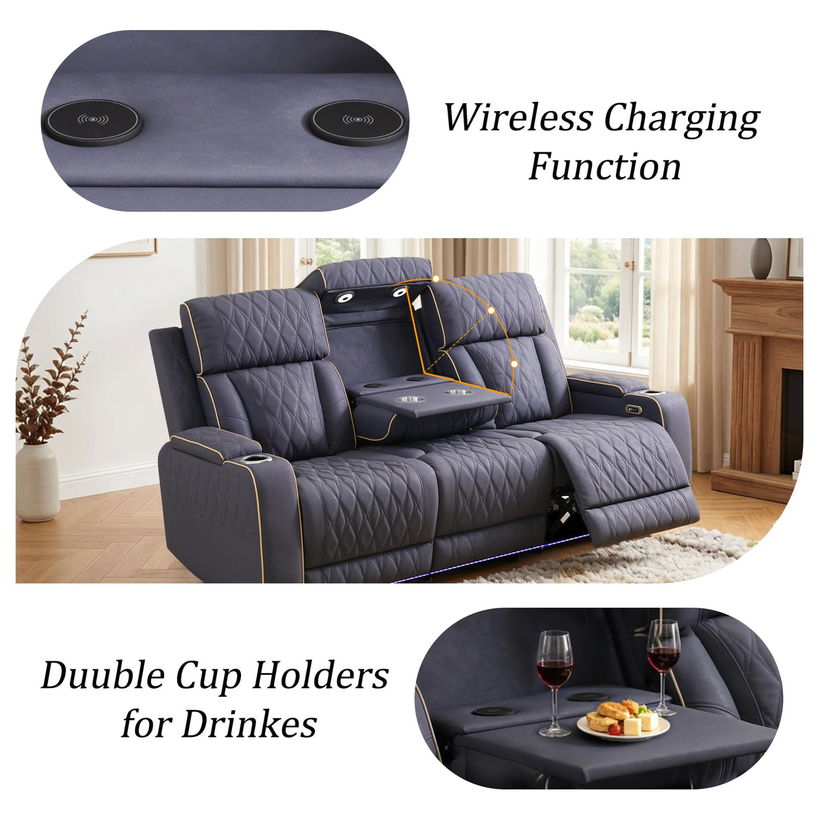 Leather Power Recliner Sofa Set with LED, 3 Piece Living Room Furniture Set, Breathable Leather Reclining Sofa Set