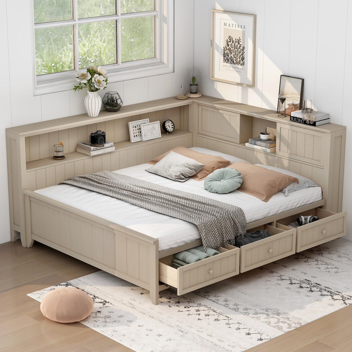 Corner Bed Frame with Bookcase Storage, Wood Platform Bed Frame with 3 Drawers, Daybed with Storage