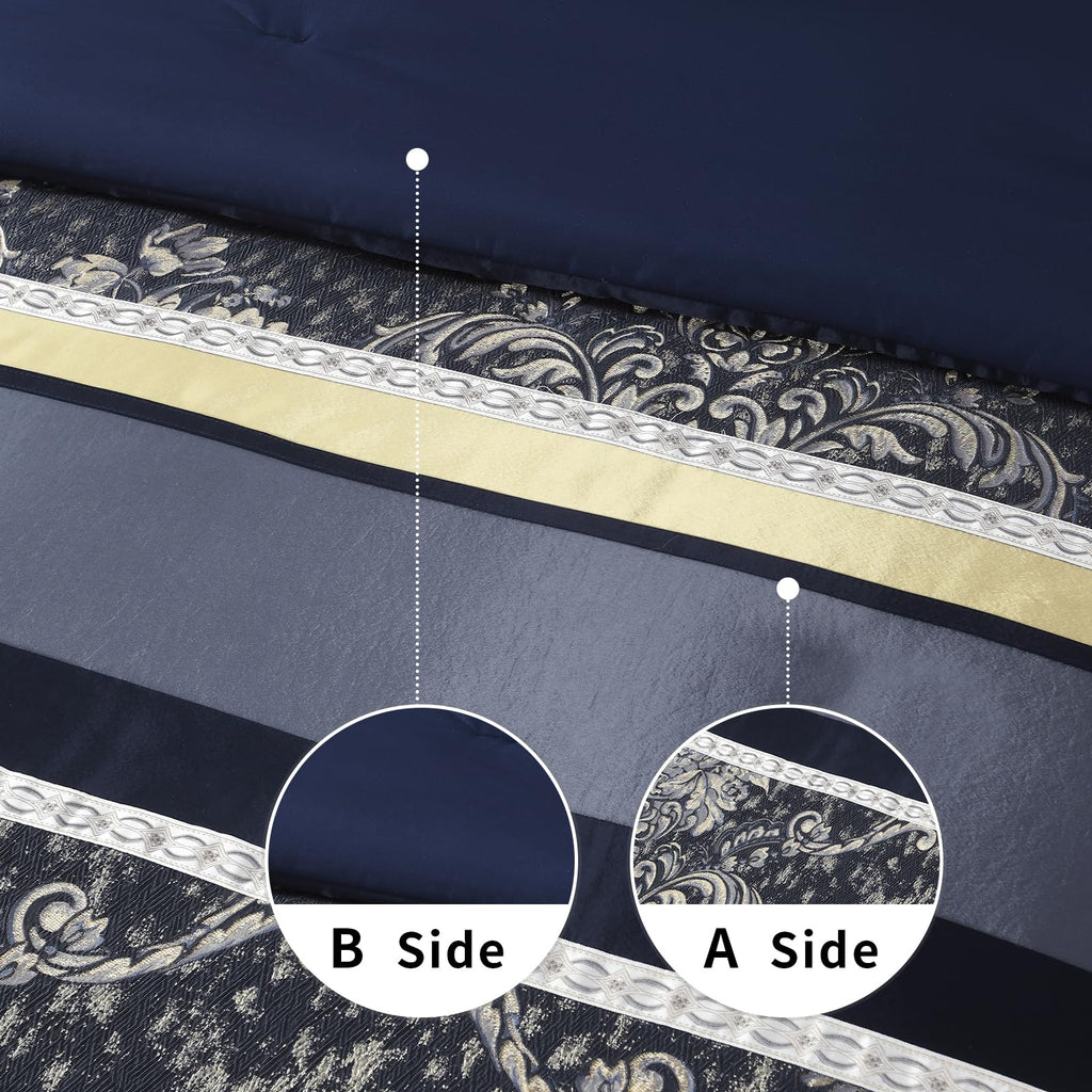 Navy Blue Comforter Set, Luxury 7 Pieces Jacquard Bedding