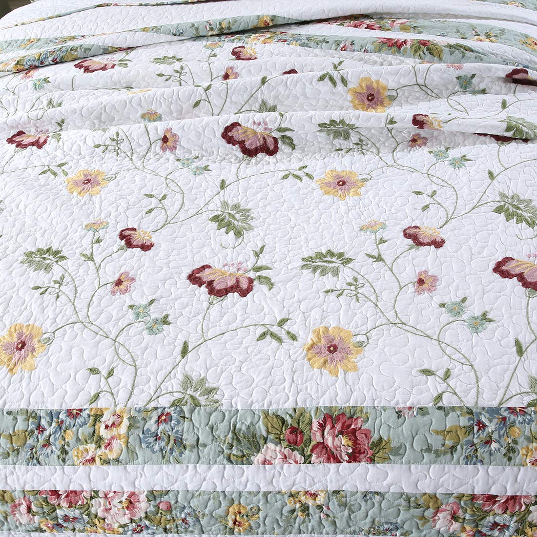 3-Piece Embroidered Floral Cotton Quilt Set Elegant Reversible Lightweight Soft Bedspread Coverlet with 2 Pillow
