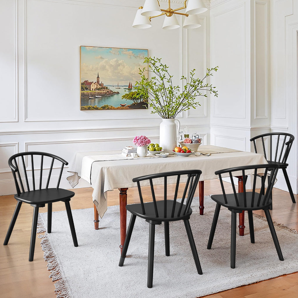 Black Dining Chairs Set of 4, Farmhouse Wood Dining Chairs with Semicircular Backrest, Spindle Dining Chair, 18 Inch