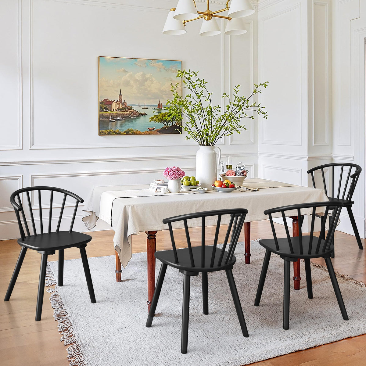 Black Dining Chairs Set of 4, Farmhouse Wood Dining Chairs with Semicircular Backrest, Spindle Dining Chair, 18 Inch