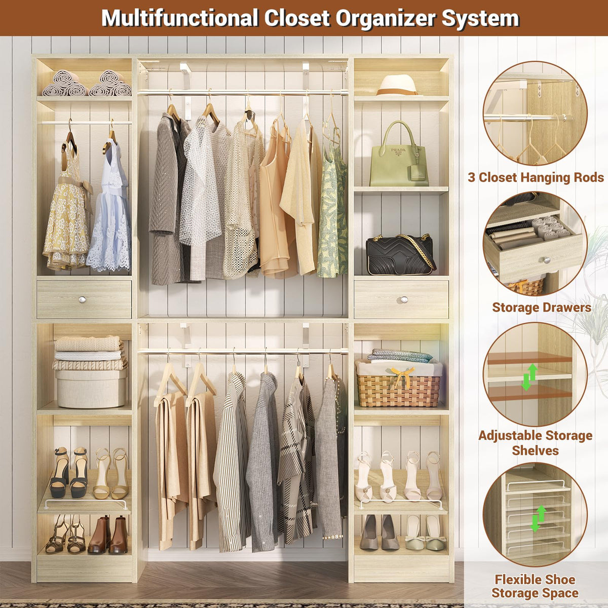 58" W - 90" W Closet System, Large Walk in Closet Organizer with 3 Hanging Rods and Shelves, Heavy Duty Wood Closet