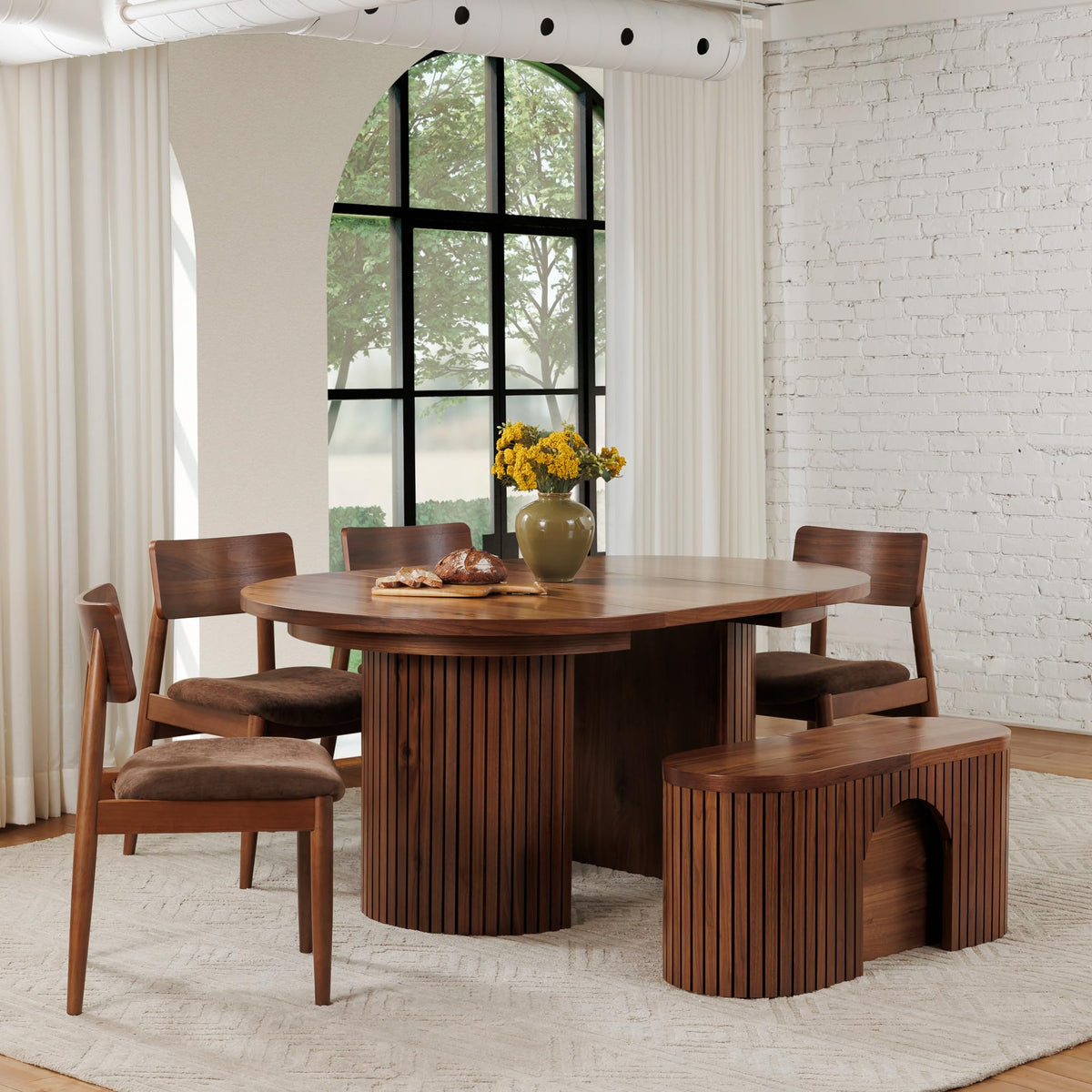 Solid Wood Extendable Round Dining Table Set, Royal Brown