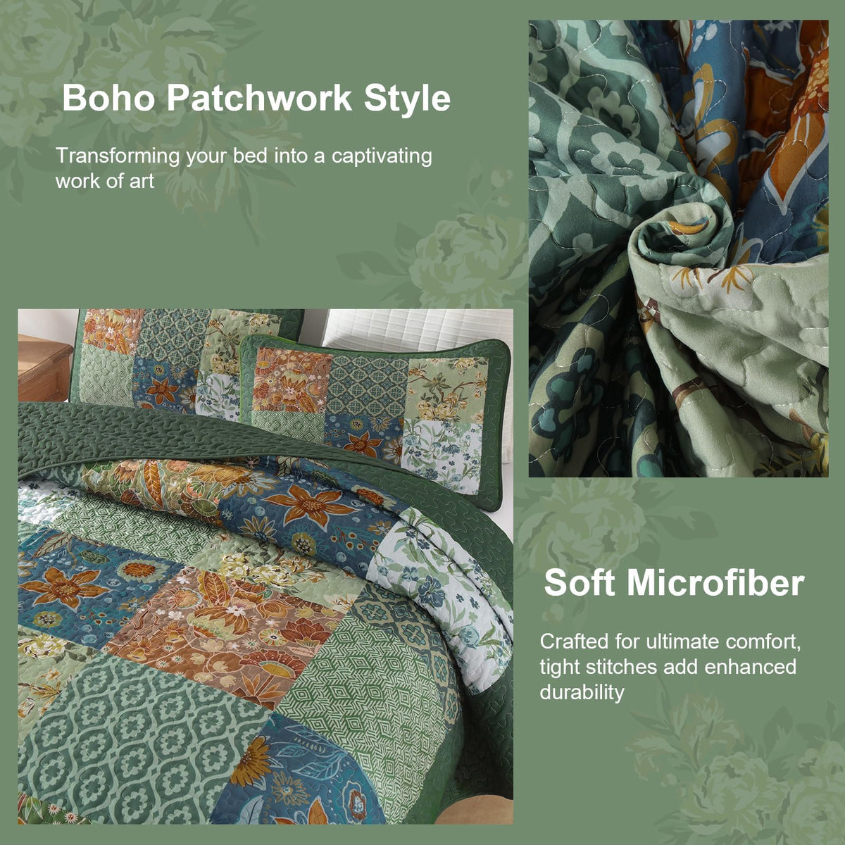 Patchwork Quilt Set Green Boho Rustic Floral Bedspread Coverlet