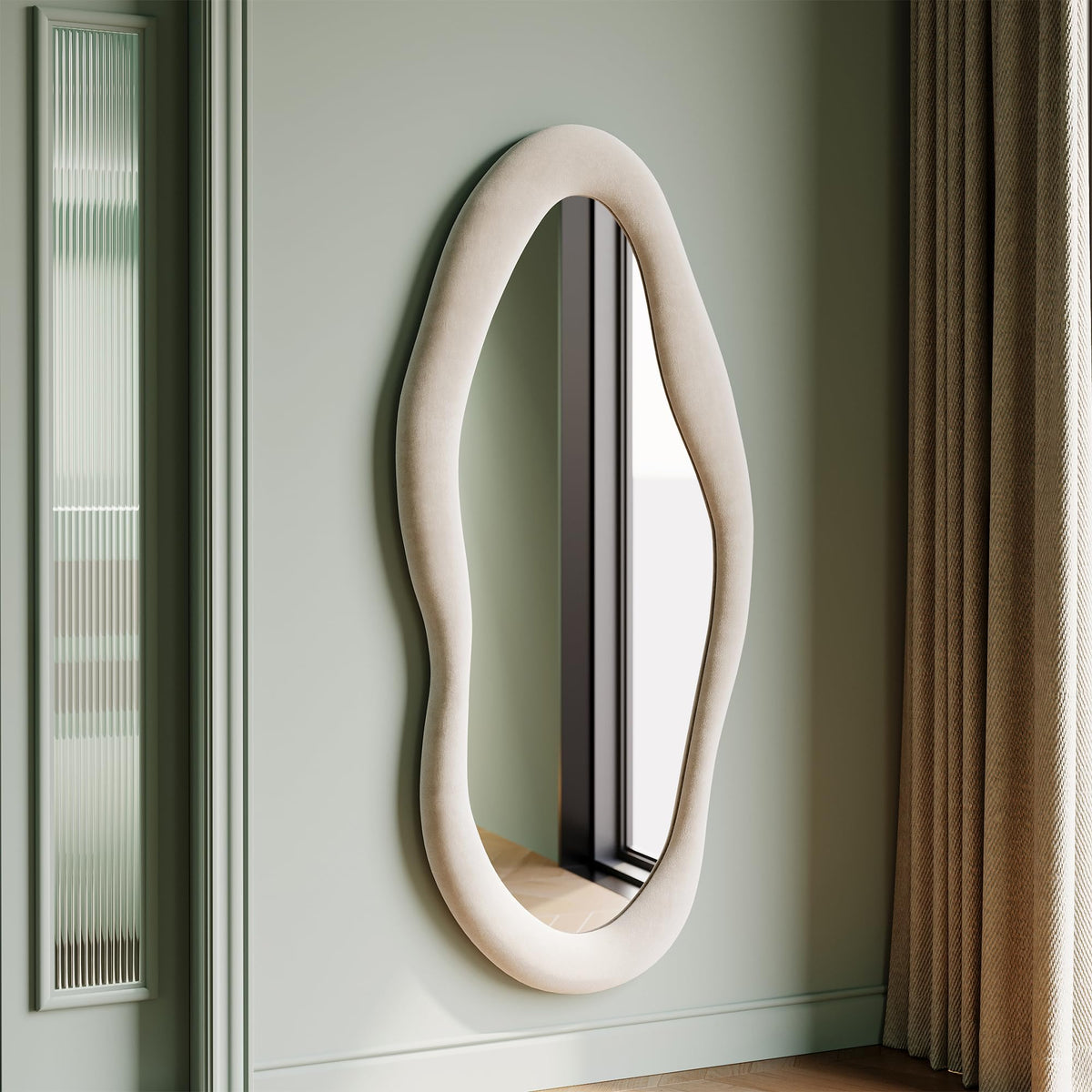 55" x 24" Wall Mirror, Flannel Wrapped Wooden Frame Wavy Mirror, Irregular Mirror Hanging