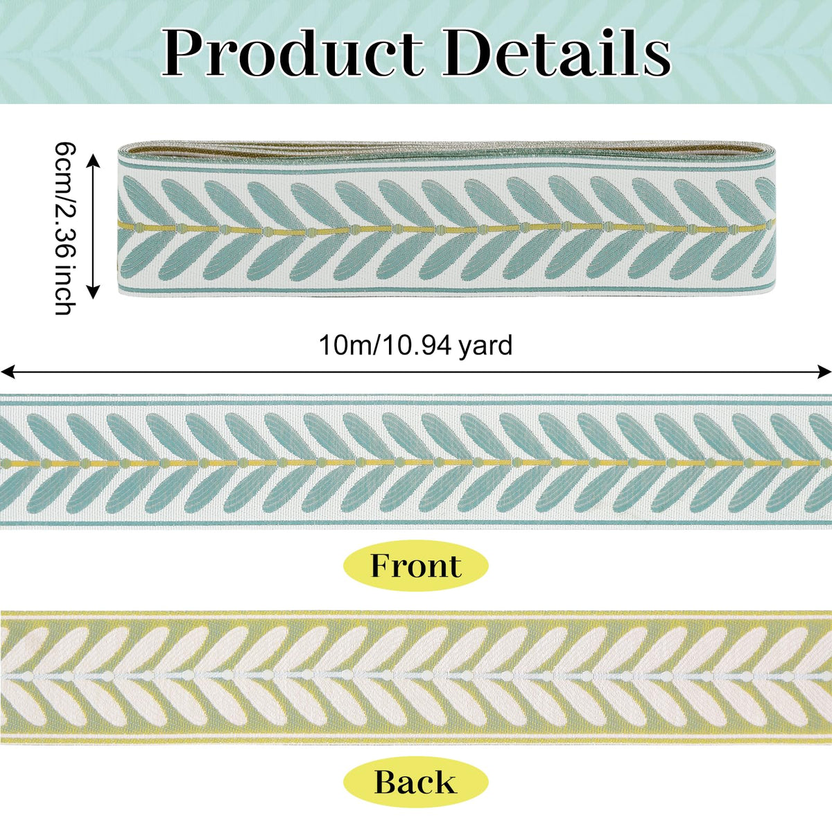 Jacquard Ribbon Fabric Trim 2.4 Inch Leaf Pattern Jacquard Woven Embroidery Decorative Ribbon for DIY - 10.9 Yards