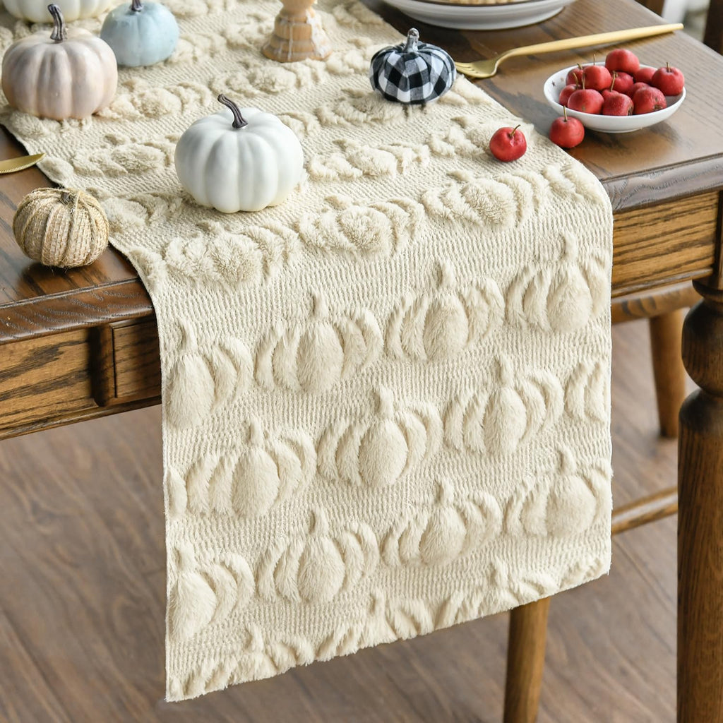 Beige Soft Faux Fur Pumpkins Fall Table Runner 13x108 Inch