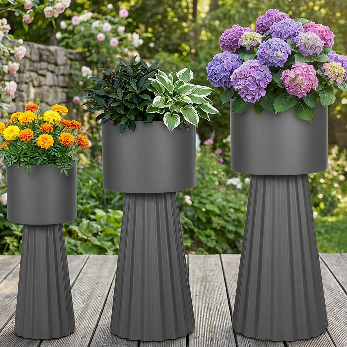 Tall Planters for Outdoor Plants, Large Outdoor Planters Set of 3, Porch Decor, Garden Decorative Black Planters