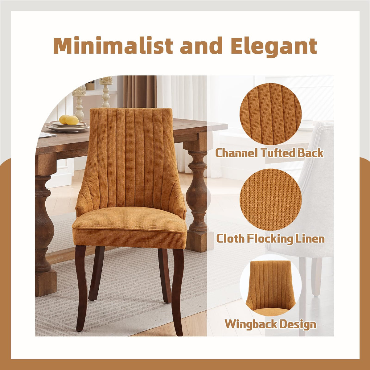 Gold Fabric Upholstered Dining Chairs Set of 6, Curved Solid Wood Legs