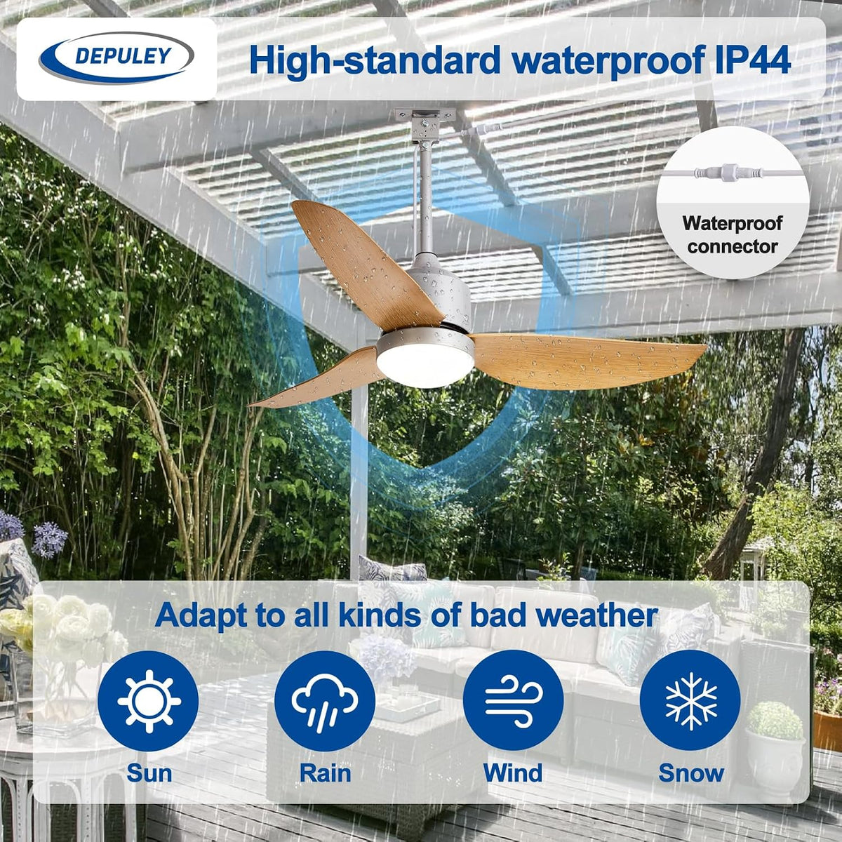 42" Wood Outdoor Flush Mount Ceiling Fan with Light & Remote