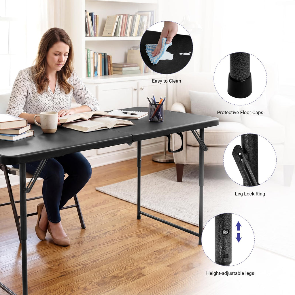 Folding Table 4 Foot, Adjustable Height Plastic Fold-in-Half Table, Black