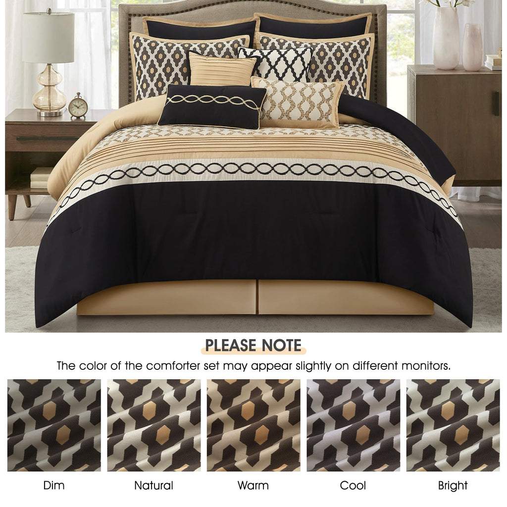 King Size Comforter Set, Black Gold, 10 Piece Bed in a Bag for All Seasons, Luxury Extreme Comfort Bedding Sets with