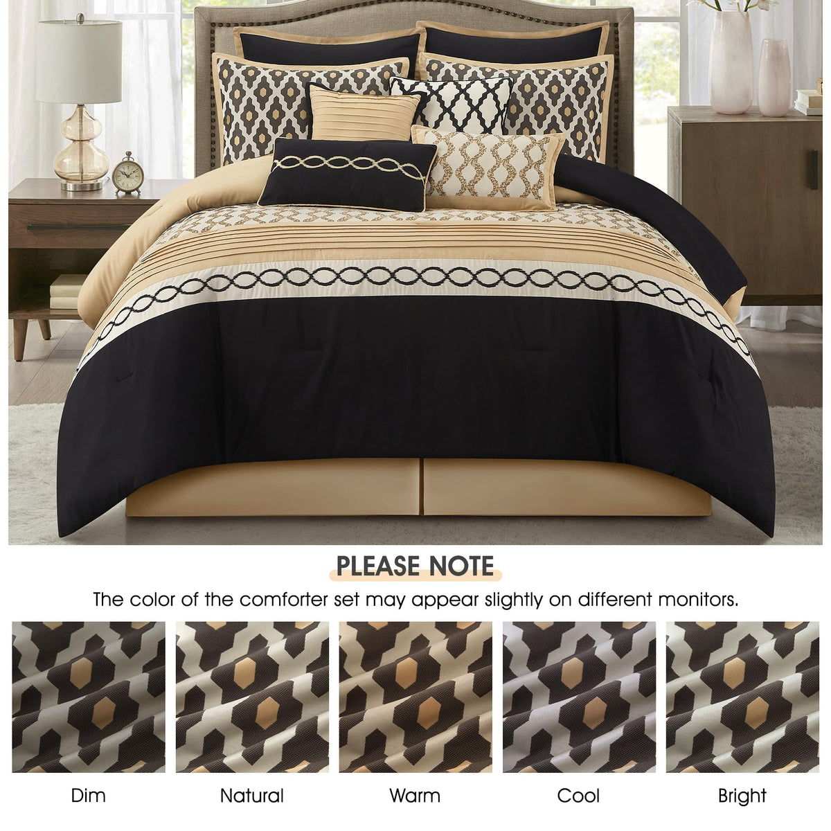 King Size Comforter Set, Black Gold, 10 Piece Bed in a Bag for All Seasons, Luxury Extreme Comfort Bedding Sets with