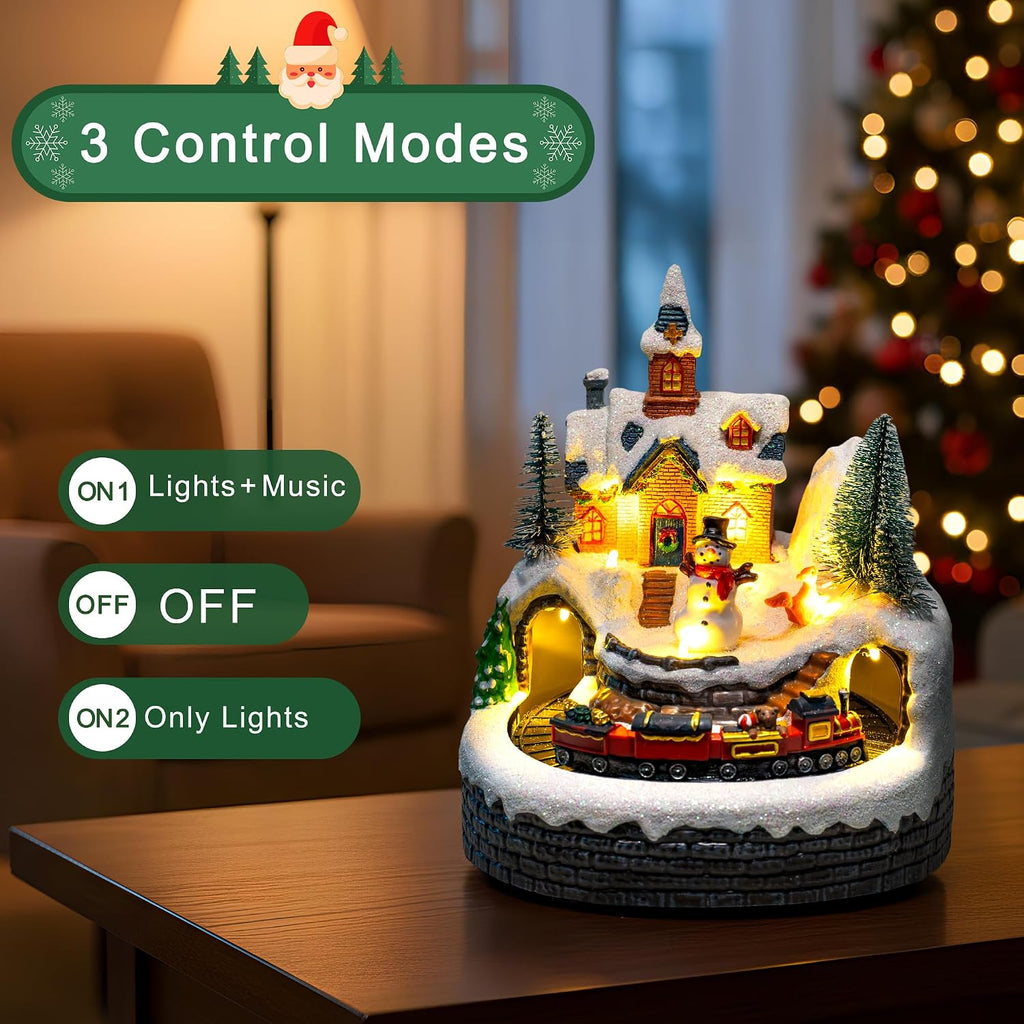 Animated Musical Christmas Village Figurines - Church Building and Snowman Statues with Rotating Train, LED Lights