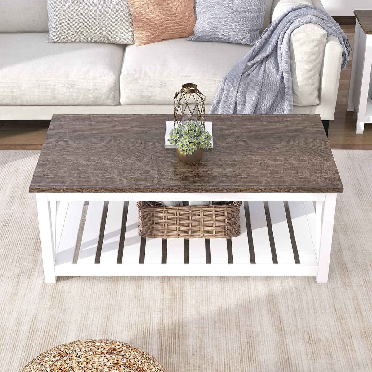 Farmhouse Coffee Table, Rustic Vintage Living Room Table with Shelf, 40 White